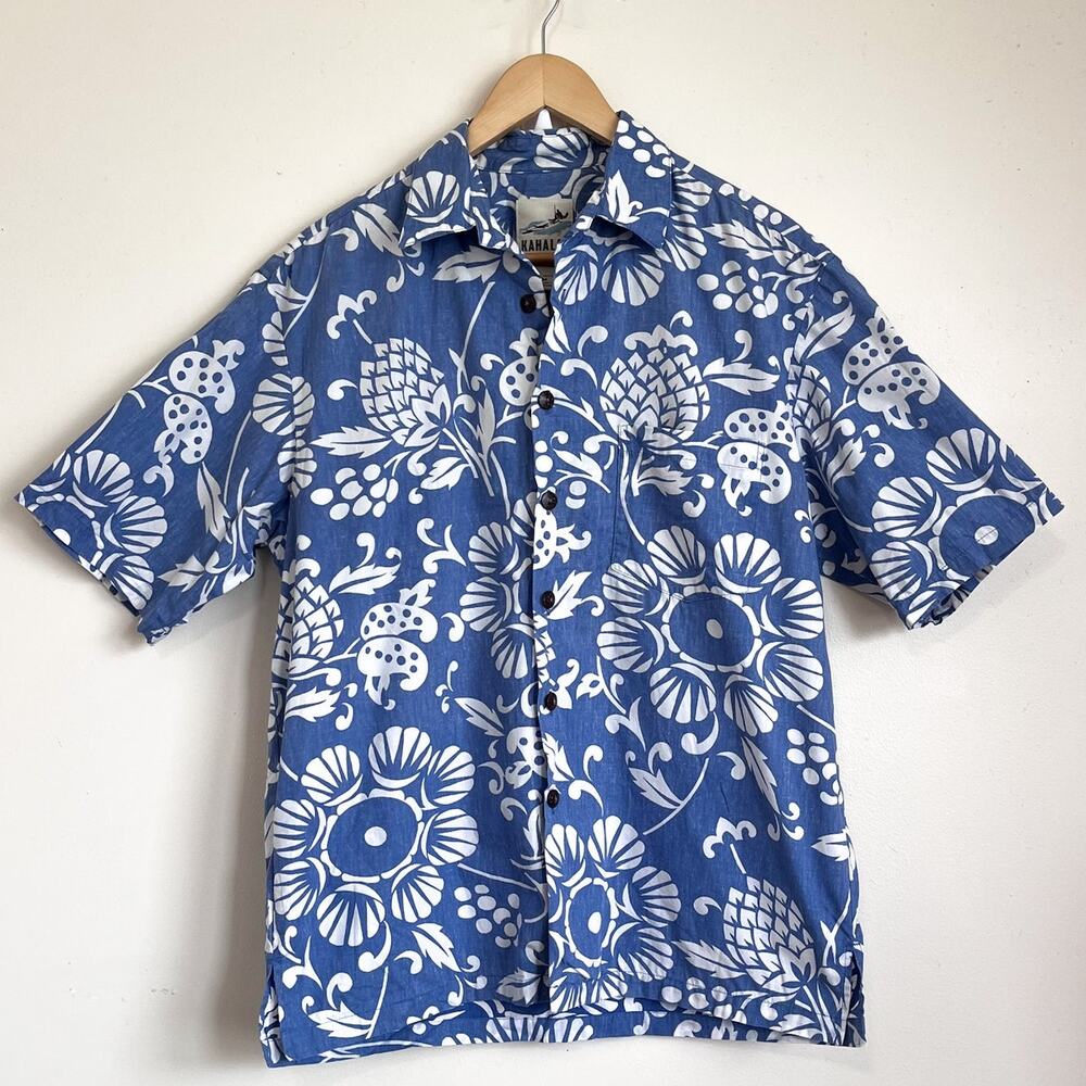 Kahala Duke's Pareo Hawaiian Aloha Men Shirt Reverse Print Medium Blue White